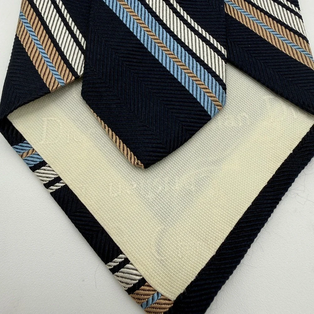 Christian Dior Cravates Mens Silk Tie Navy Blue Gold Striped Herringbone Vintage